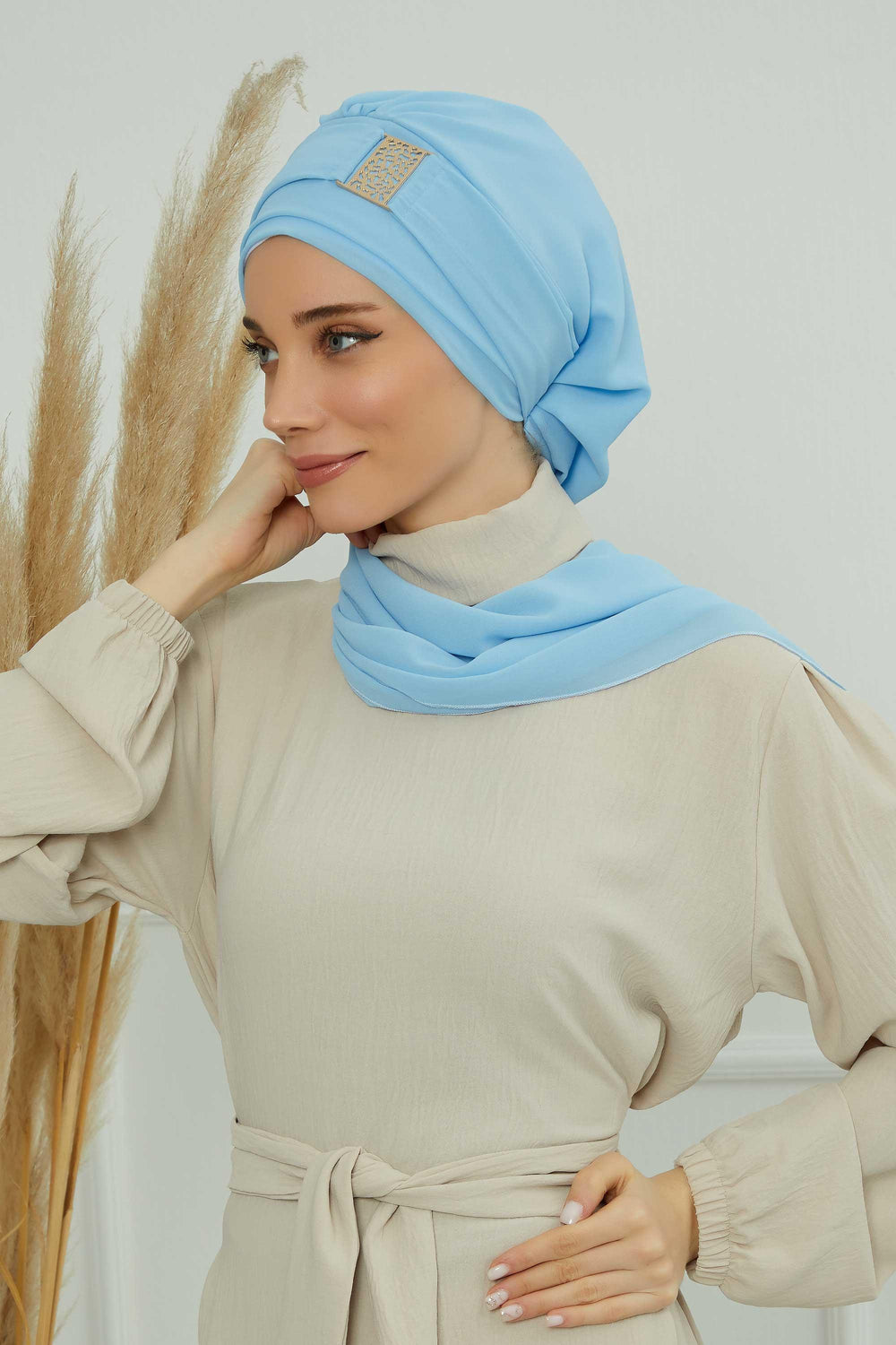 Chiffon Instant Turban with Gold Leopard Pattern Accessory, Adjustable Instant Turban Headscarf for Women, Pre-Tied Turban Hijab Cover,HT-11 Baby Blue