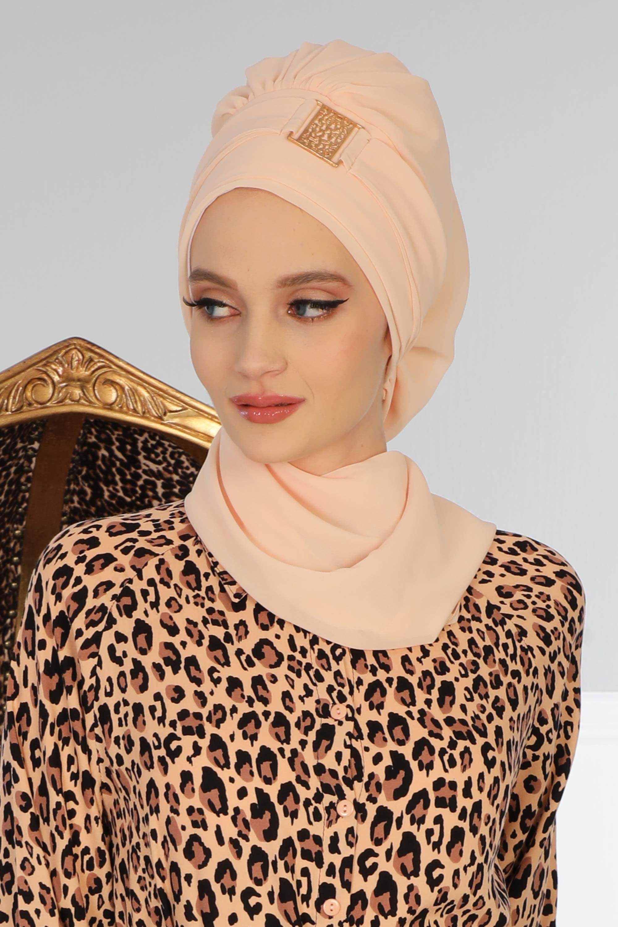 Chiffon Instant Turban with Gold Leopard Pattern Accessory, Adjustable Instant Turban Headscarf for Women, Pre-Tied Turban Hijab Cover,HT-11 Beige