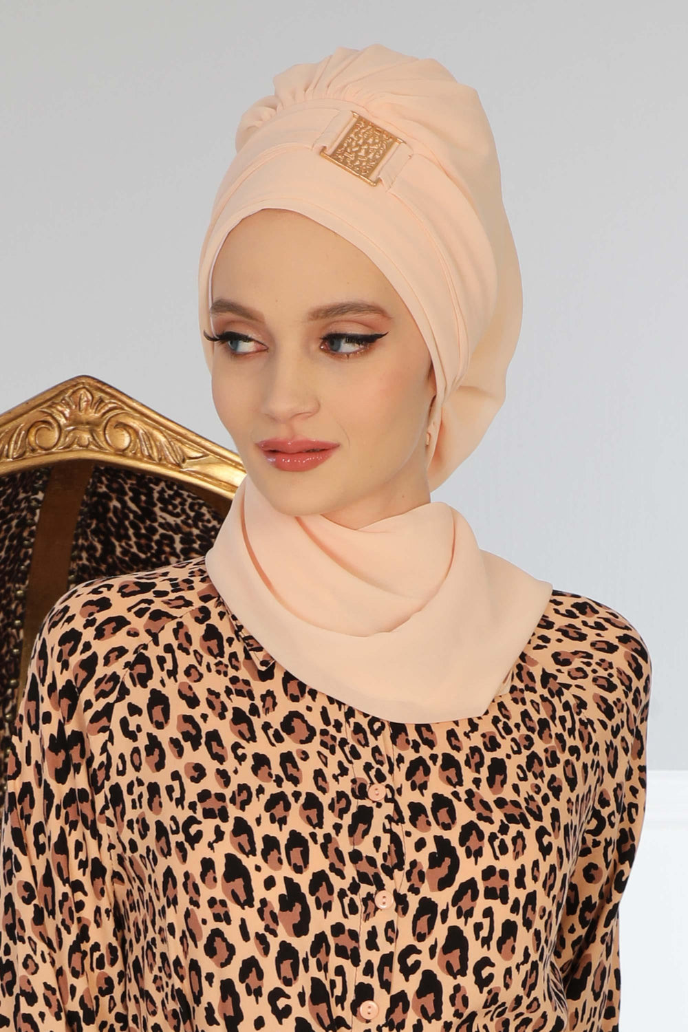 Chiffon Instant Turban with Gold Leopard Pattern Accessory, Adjustable Instant Turban Headscarf for Women, Pre-Tied Turban Hijab Cover,HT-11 Beige