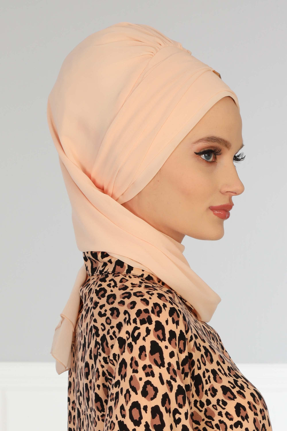 Chiffon Instant Turban with Gold Leopard Pattern Accessory, Adjustable Instant Turban Headscarf for Women, Pre-Tied Turban Hijab Cover,HT-11 Beige