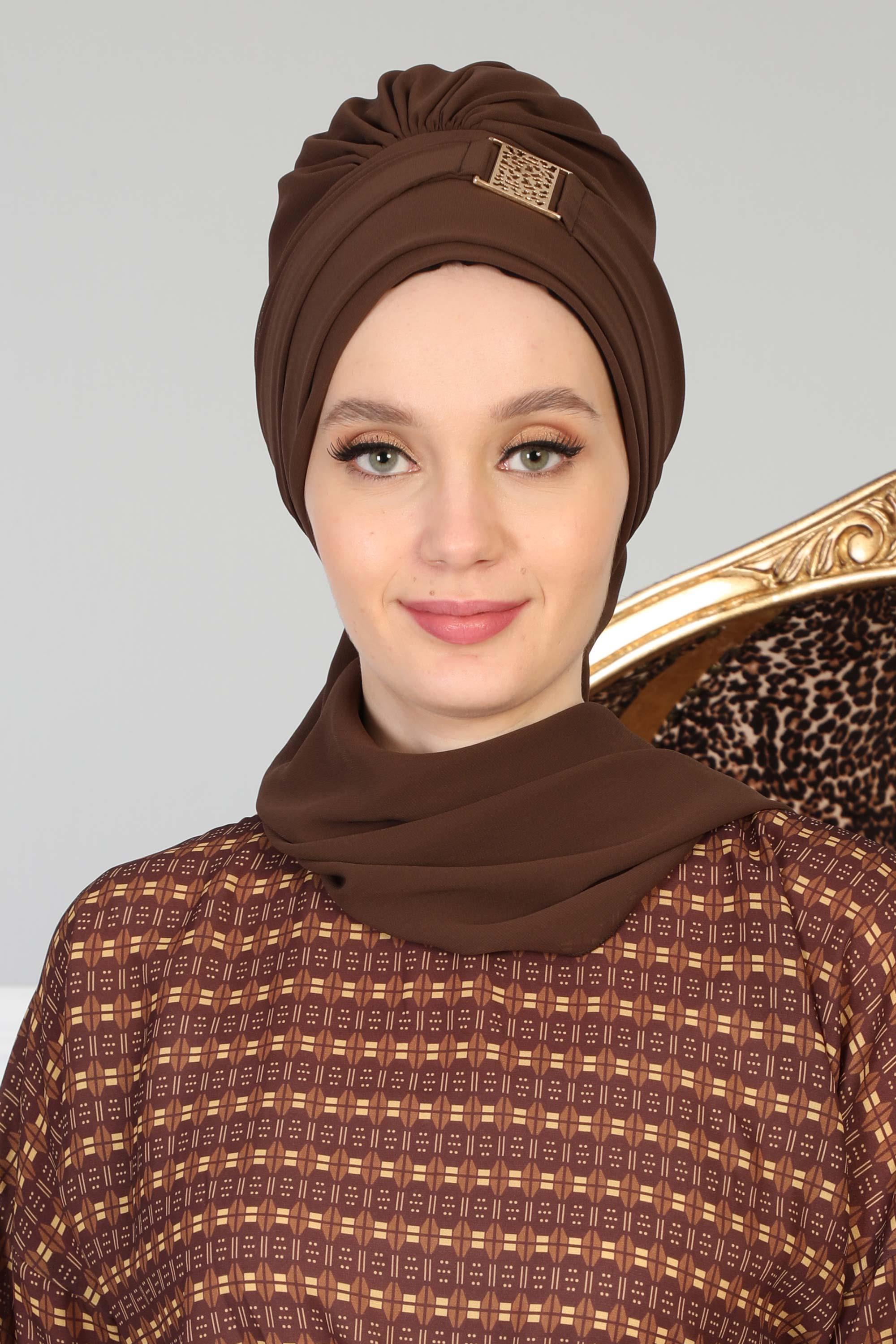 Chiffon Instant Turban with Gold Leopard Pattern Accessory, Adjustable Instant Turban Headscarf for Women, Pre-Tied Turban Hijab Cover,HT-11 Brown