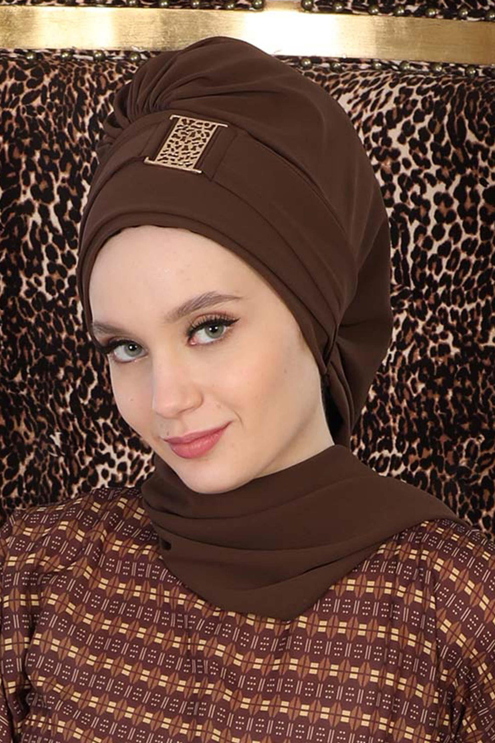 Chiffon Instant Turban with Gold Leopard Pattern Accessory, Adjustable Instant Turban Headscarf for Women, Pre-Tied Turban Hijab Cover,HT-11 Brown