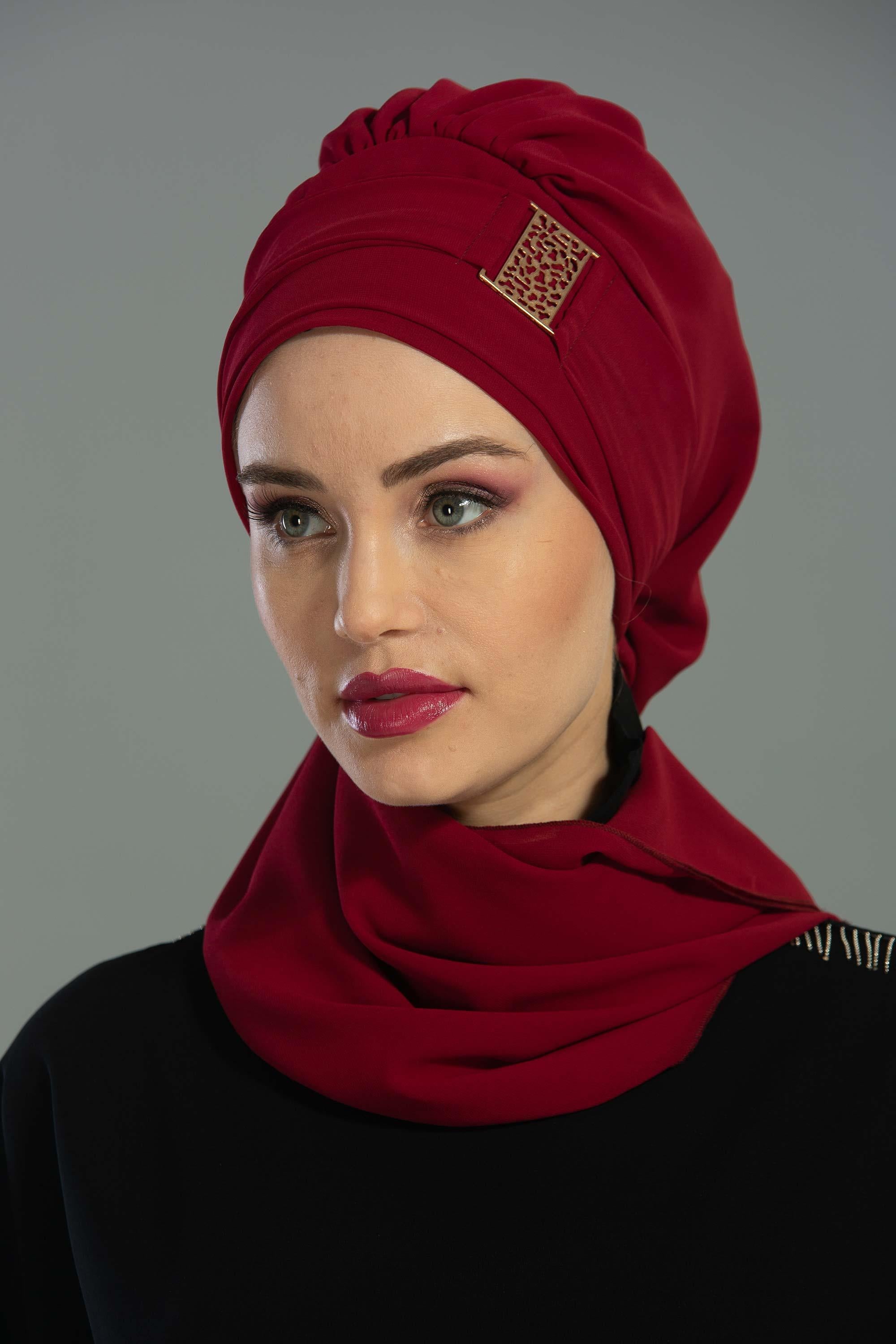 Chiffon Instant Turban with Gold Leopard Pattern Accessory, Adjustable Instant Turban Headscarf for Women, Pre-Tied Turban Hijab Cover,HT-11 Maroon