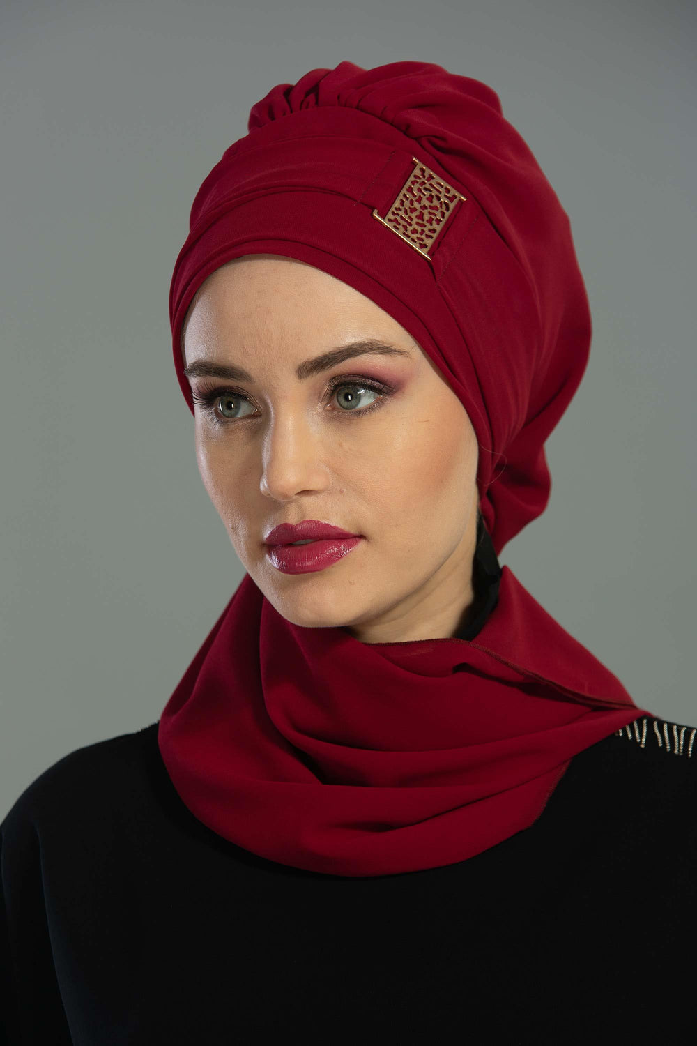 Chiffon Instant Turban with Gold Leopard Pattern Accessory, Adjustable Instant Turban Headscarf for Women, Pre-Tied Turban Hijab Cover,HT-11 Maroon