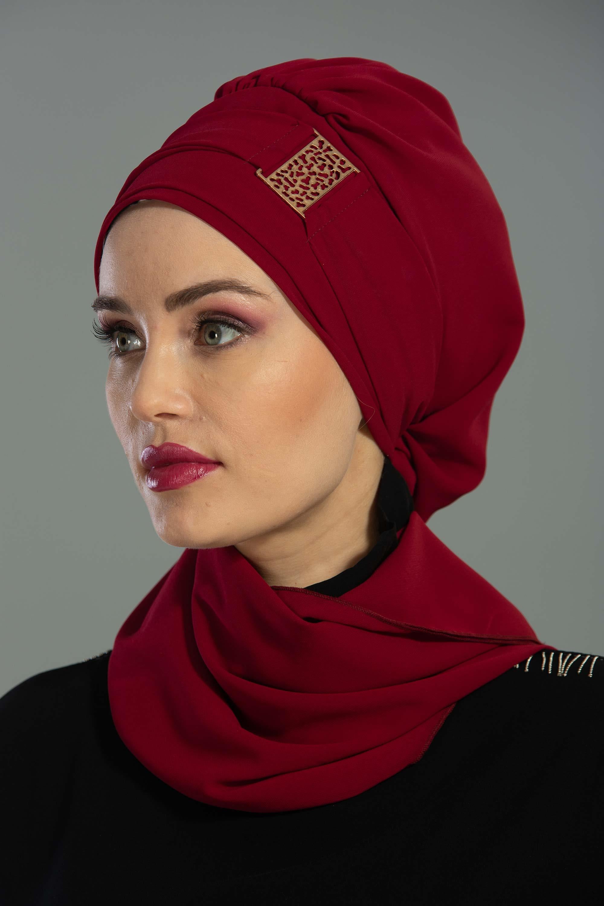 Chiffon Instant Turban with Gold Leopard Pattern Accessory, Adjustable Instant Turban Headscarf for Women, Pre-Tied Turban Hijab Cover,HT-11 Maroon