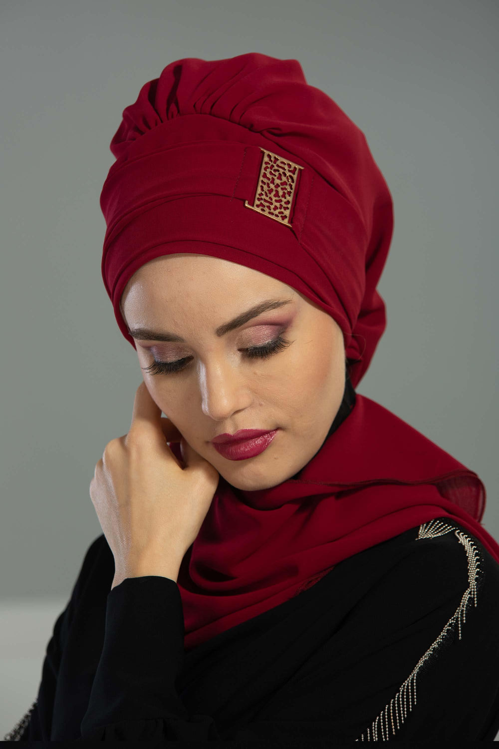 Chiffon Instant Turban with Gold Leopard Pattern Accessory, Adjustable Instant Turban Headscarf for Women, Pre-Tied Turban Hijab Cover,HT-11 Maroon