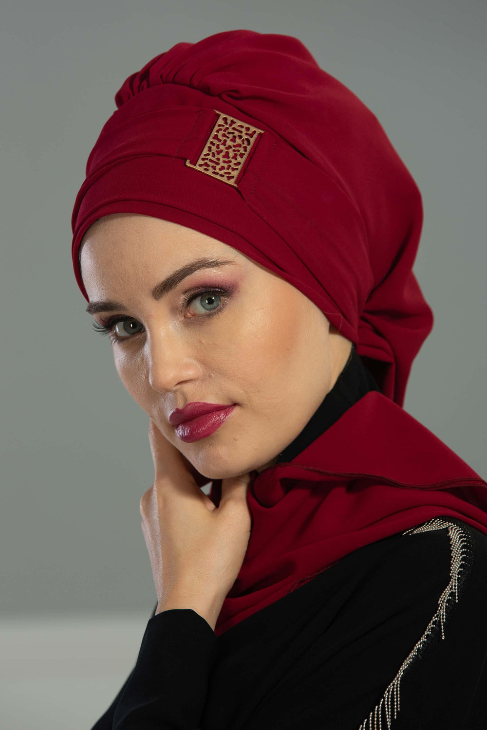 Chiffon Instant Turban with Gold Leopard Pattern Accessory, Adjustable Instant Turban Headscarf for Women, Pre-Tied Turban Hijab Cover,HT-11 Maroon