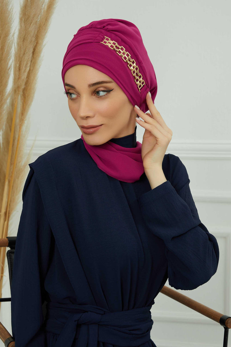 Stylish Instant Turban with Elegant Gold Chain Detail made from High Quality Chiffon Fabric, Breathable Headscarf Turban For Women,HT-28 Fuchsia
