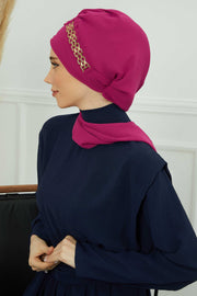 Stylish Instant Turban with Elegant Gold Chain Detail made from High Quality Chiffon Fabric, Breathable Headscarf Turban For Women,HT-28 Fuchsia
