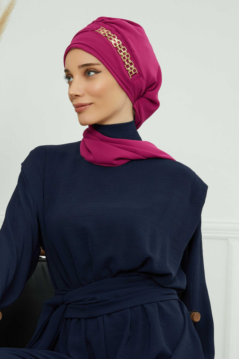 Stylish Instant Turban with Elegant Gold Chain Detail made from High Quality Chiffon Fabric, Breathable Headscarf Turban For Women,HT-28 Fuchsia