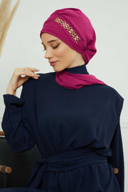 Stylish Instant Turban with Elegant Gold Chain Detail made from High Quality Chiffon Fabric, Breathable Headscarf Turban For Women,HT-28 Fuchsia