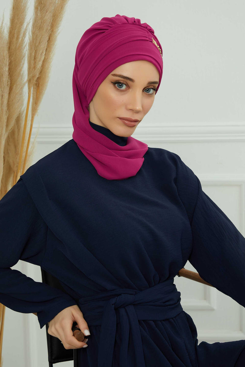 Stylish Instant Turban with Elegant Gold Chain Detail made from High Quality Chiffon Fabric, Breathable Headscarf Turban For Women,HT-28 Fuchsia