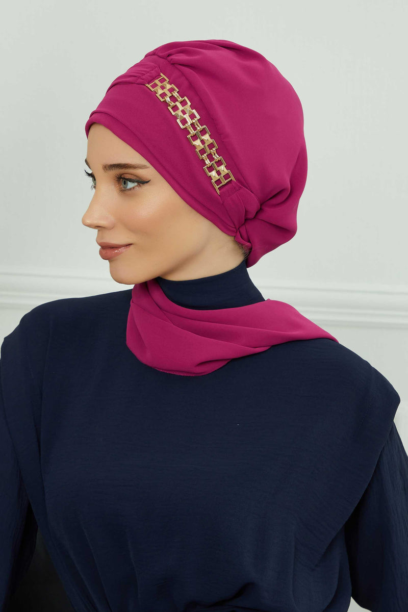 Stylish Instant Turban with Elegant Gold Chain Detail made from High Quality Chiffon Fabric, Breathable Headscarf Turban For Women,HT-28 Fuchsia