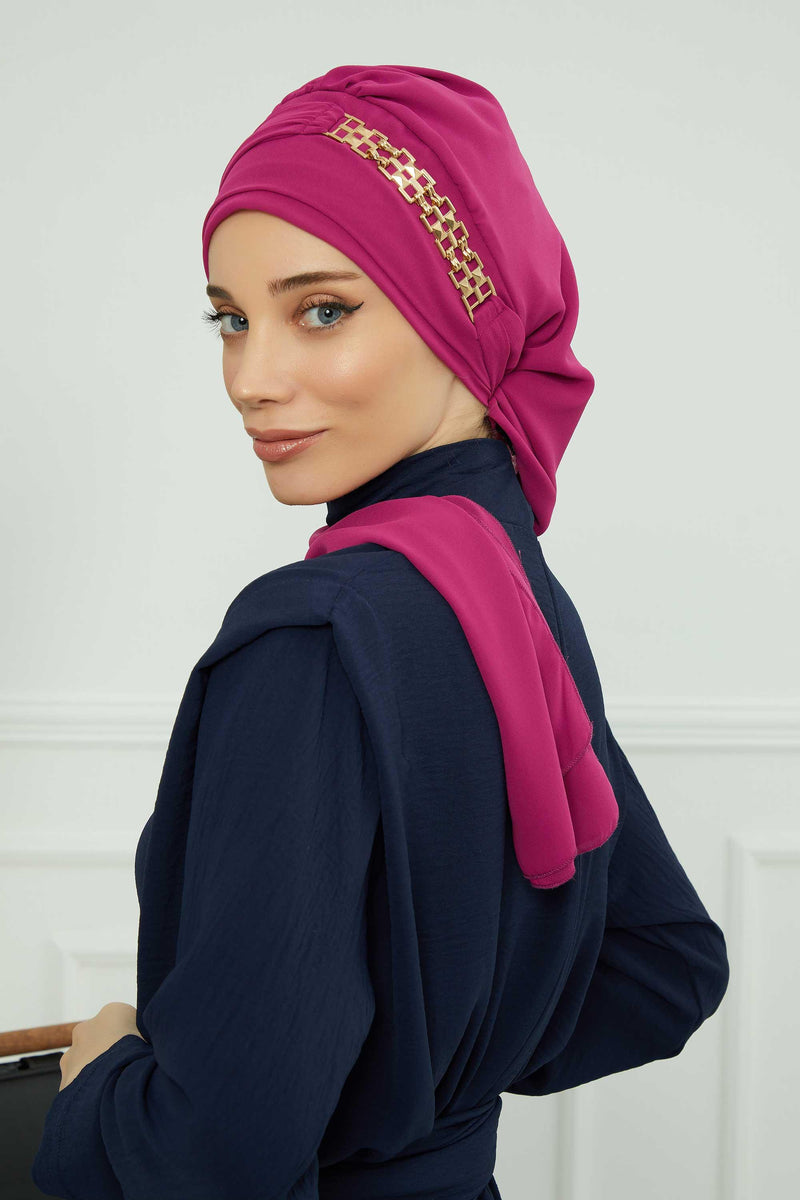 Stylish Instant Turban with Elegant Gold Chain Detail made from High Quality Chiffon Fabric, Breathable Headscarf Turban For Women,HT-28 Fuchsia