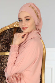 Stylish Instant Turban with Elegant Gold Chain Detail made from High Quality Chiffon Fabric, Breathable Headscarf Turban For Women,HT-28 Powder