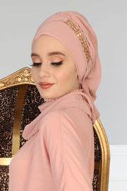 Stylish Instant Turban with Elegant Gold Chain Detail made from High Quality Chiffon Fabric, Breathable Headscarf Turban For Women,HT-28 Powder