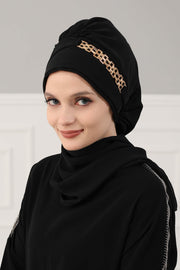 Stylish Instant Turban with Elegant Gold Chain Detail made from High Quality Chiffon Fabric, Breathable Headscarf Turban For Women,HT-28 Black