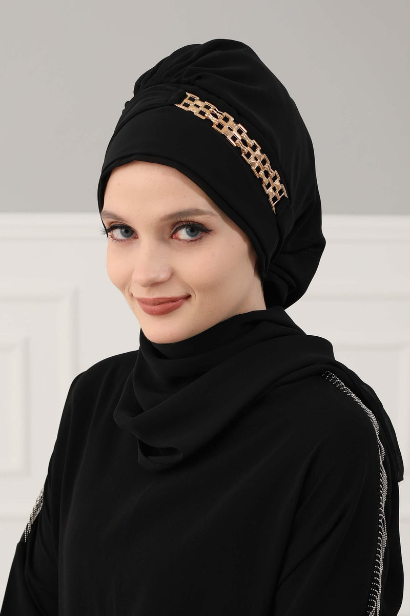 Stylish Instant Turban with Elegant Gold Chain Detail made from High Quality Chiffon Fabric, Breathable Headscarf Turban For Women,HT-28 Black