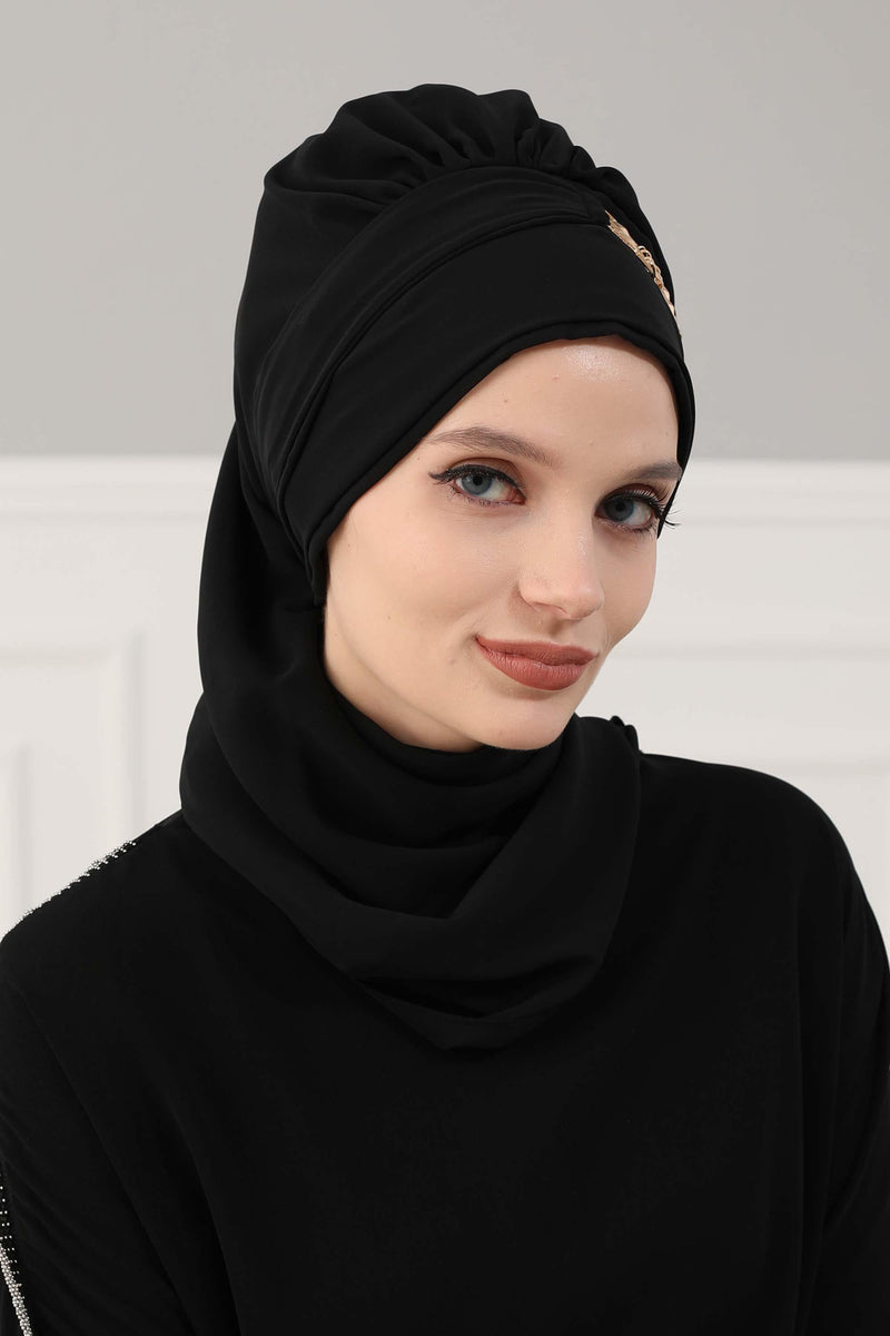 Stylish Instant Turban with Elegant Gold Chain Detail made from High Quality Chiffon Fabric, Breathable Headscarf Turban For Women,HT-28 Black