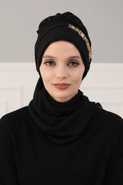 Stylish Instant Turban with Elegant Gold Chain Detail made from High Quality Chiffon Fabric, Breathable Headscarf Turban For Women,HT-28 Black