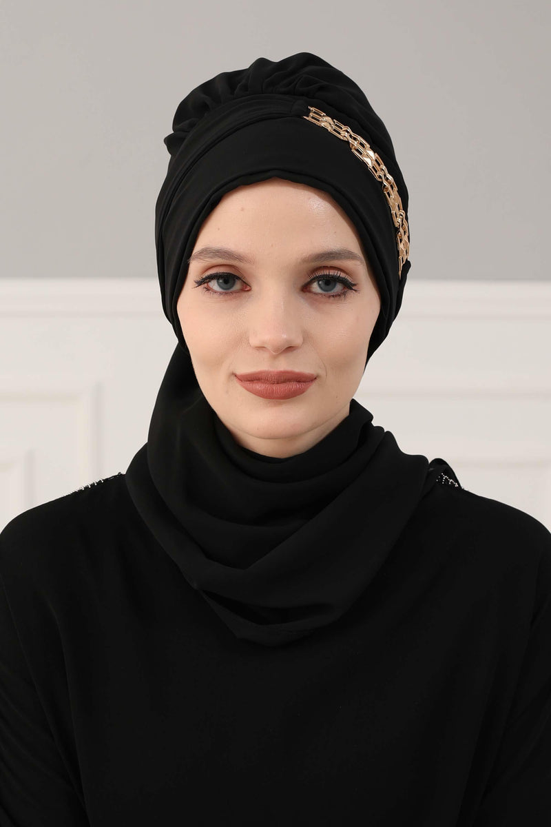 Stylish Instant Turban with Elegant Gold Chain Detail made from High Quality Chiffon Fabric, Breathable Headscarf Turban For Women,HT-28 Black