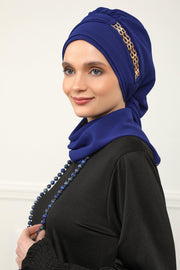 Stylish Instant Turban with Elegant Gold Chain Detail made from High Quality Chiffon Fabric, Breathable Headscarf Turban For Women,HT-28 Sax Blue