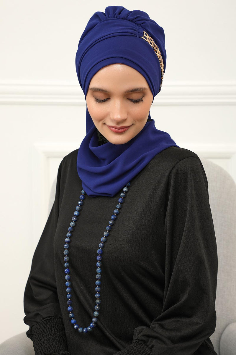 Stylish Instant Turban with Elegant Gold Chain Detail made from High Quality Chiffon Fabric, Breathable Headscarf Turban For Women,HT-28 Sax Blue