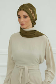 Stylish Instant Turban with Elegant Gold Chain Detail made from High Quality Chiffon Fabric, Breathable Headscarf Turban For Women,HT-28 Army Green
