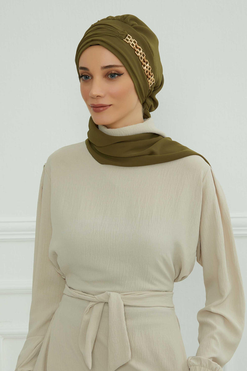 Stylish Instant Turban with Elegant Gold Chain Detail made from High Quality Chiffon Fabric, Breathable Headscarf Turban For Women,HT-28 Army Green
