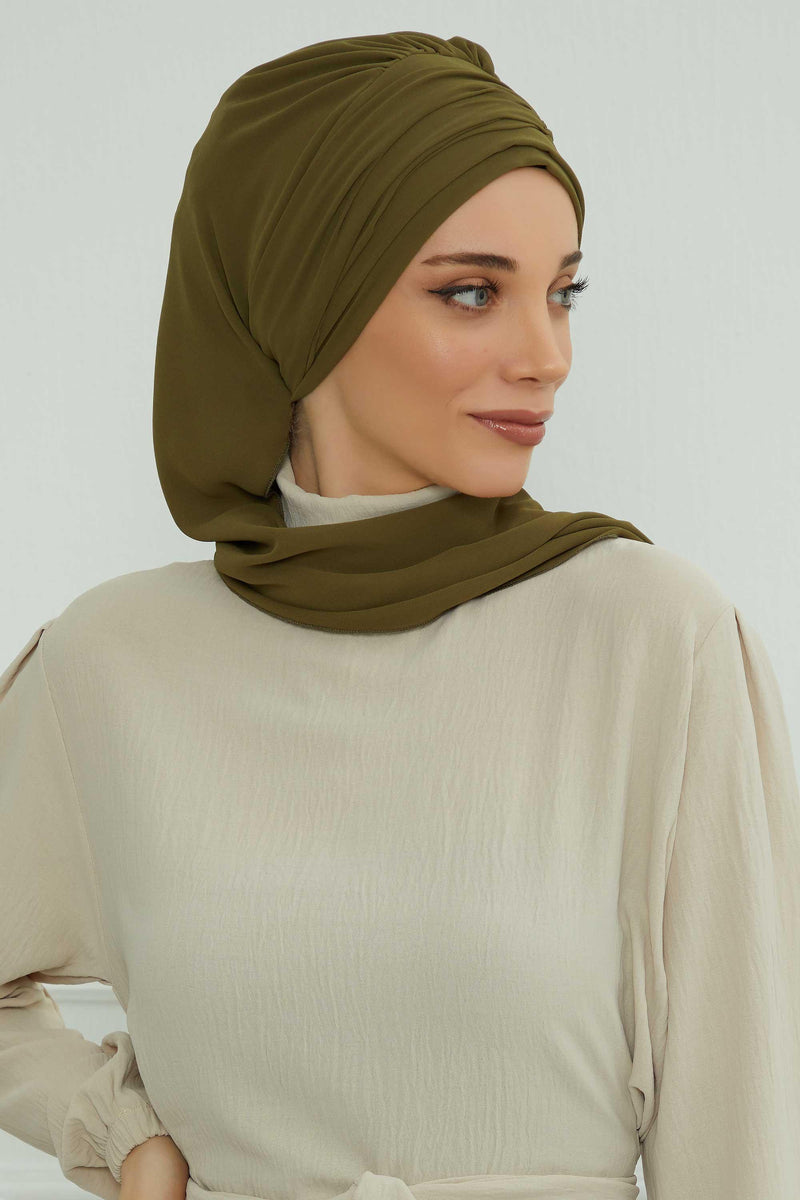 Stylish Instant Turban with Elegant Gold Chain Detail made from High Quality Chiffon Fabric, Breathable Headscarf Turban For Women,HT-28 Army Green