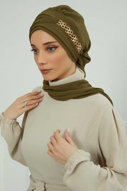 Stylish Instant Turban with Elegant Gold Chain Detail made from High Quality Chiffon Fabric, Breathable Headscarf Turban For Women,HT-28 Army Green
