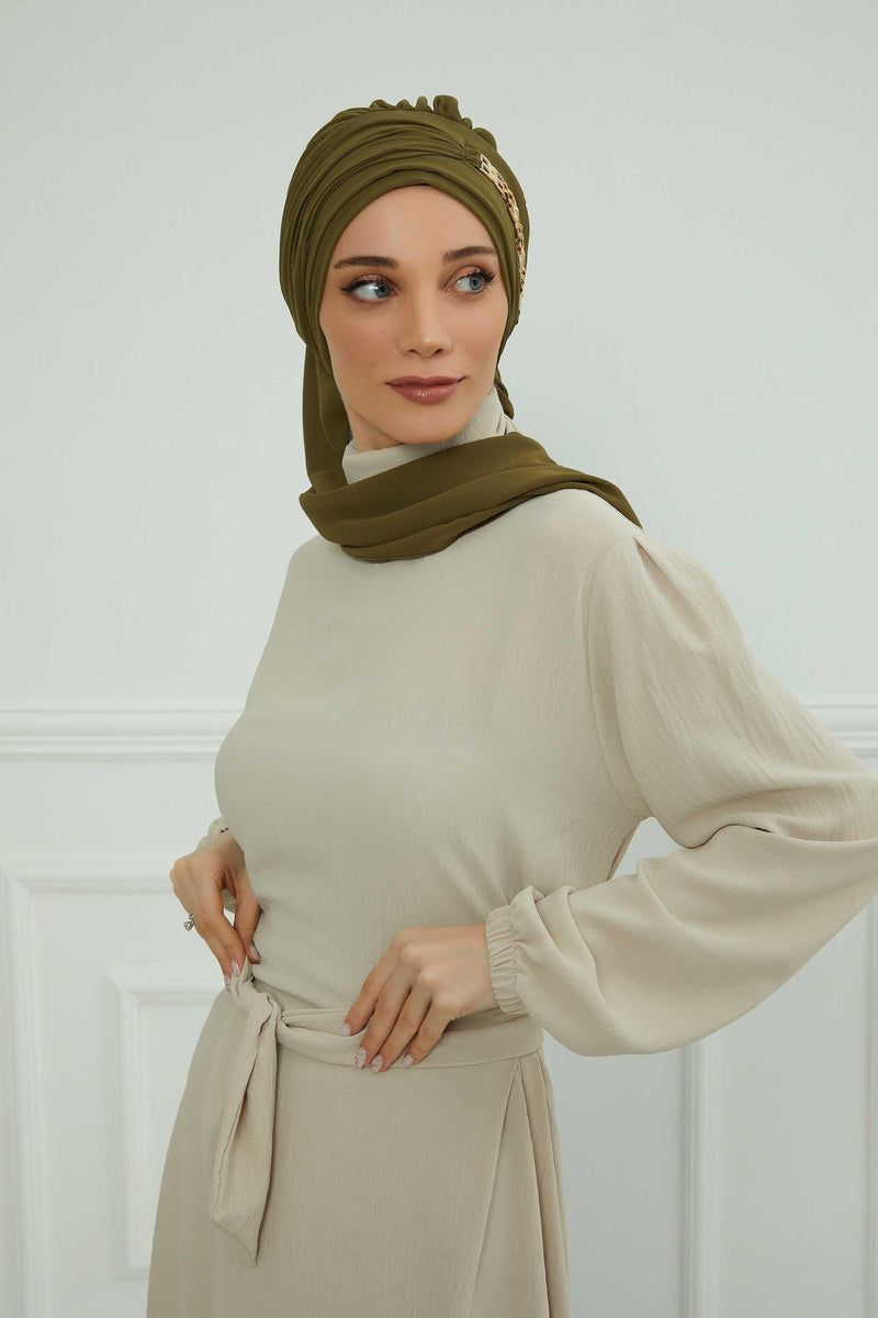 Stylish Instant Turban with Elegant Gold Chain Detail made from High Quality Chiffon Fabric, Breathable Headscarf Turban For Women,HT-28 Army Green