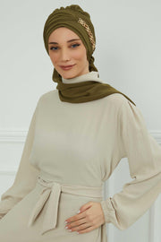 Stylish Instant Turban with Elegant Gold Chain Detail made from High Quality Chiffon Fabric, Breathable Headscarf Turban For Women,HT-28 Army Green
