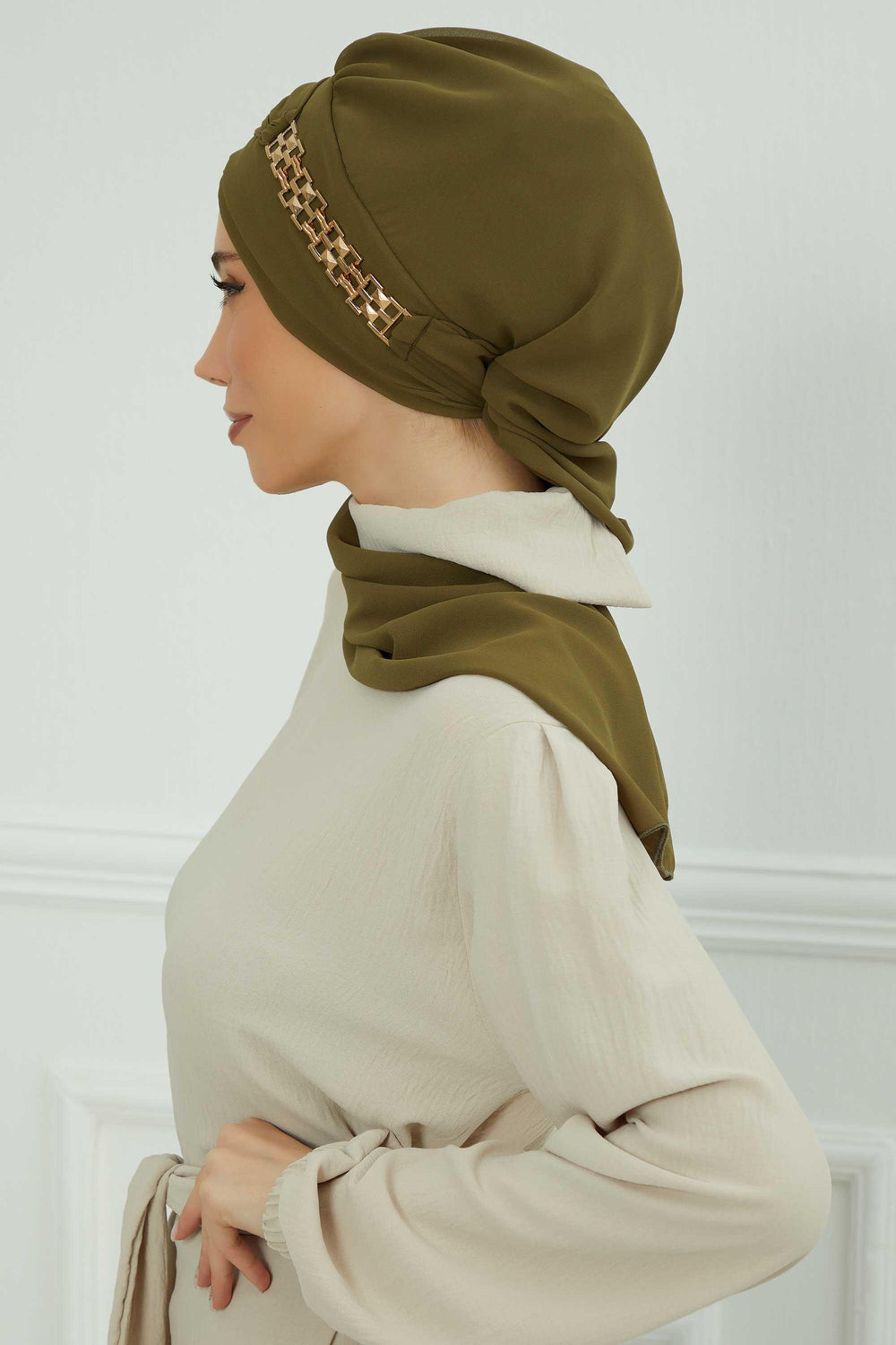 Stylish Instant Turban with Elegant Gold Chain Detail made from High Quality Chiffon Fabric, Breathable Headscarf Turban For Women,HT-28 Army Green