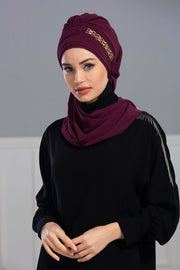 Stylish Instant Turban with Elegant Gold Chain Detail made from High Quality Chiffon Fabric, Breathable Headscarf Turban For Women,HT-28 Damson