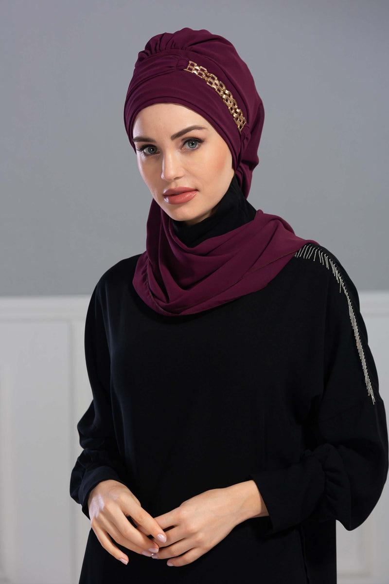 Stylish Instant Turban with Elegant Gold Chain Detail made from High Quality Chiffon Fabric, Breathable Headscarf Turban For Women,HT-28 Damson
