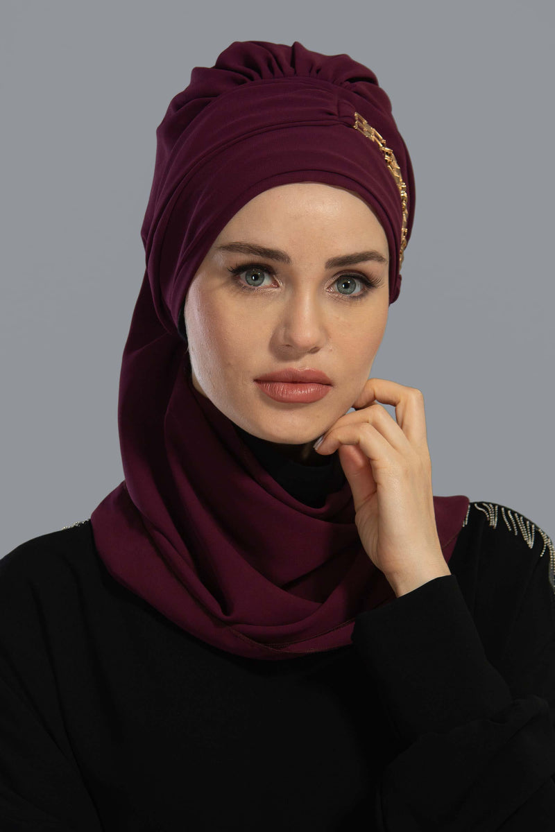 Stylish Instant Turban with Elegant Gold Chain Detail made from High Quality Chiffon Fabric, Breathable Headscarf Turban For Women,HT-28 Damson