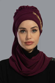Stylish Instant Turban with Elegant Gold Chain Detail made from High Quality Chiffon Fabric, Breathable Headscarf Turban For Women,HT-28 Damson
