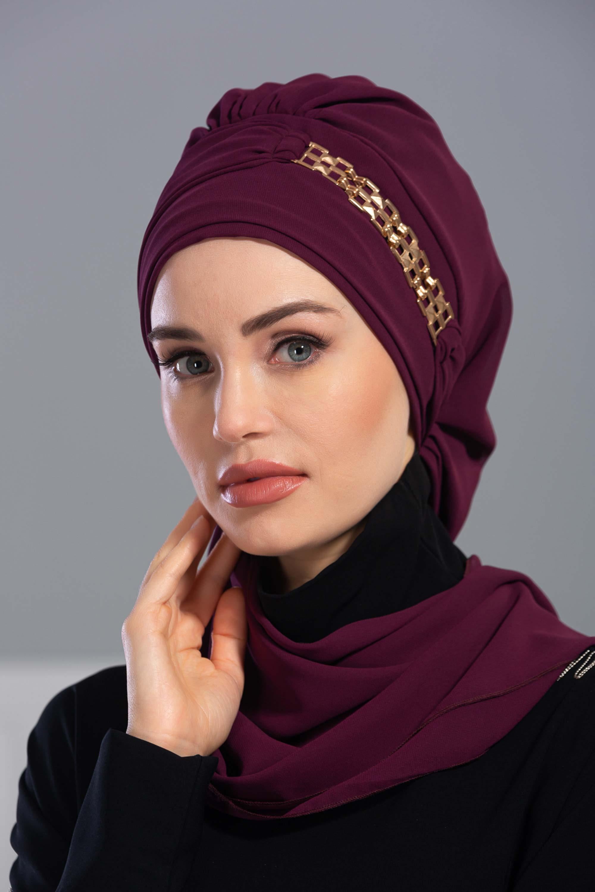 Stylish Instant Turban with Elegant Gold Chain Detail made from High Quality Chiffon Fabric, Breathable Headscarf Turban For Women,HT-28 Damson