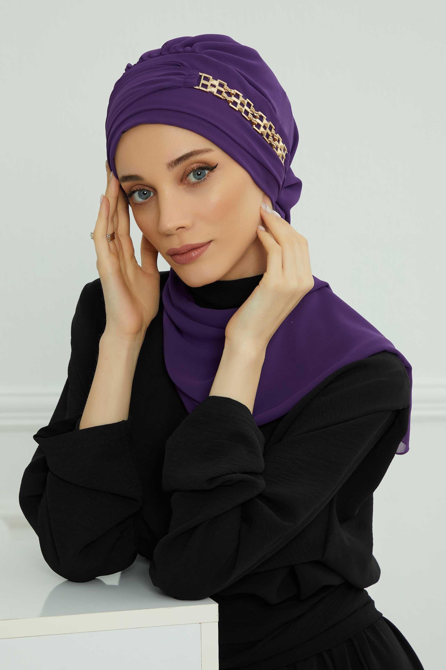 8741 Instant Turban Lightweight Chiffon Scarf Head Turbans Headwear Black Instant Chiffon Shawls – Aisha main image 3