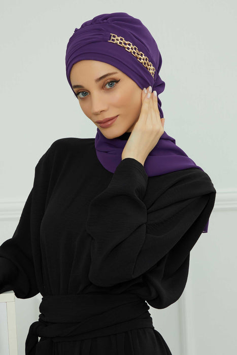 Instant Turban Lightweight Chiffon Scarf Head Turbans For Women Headwear With Unique Gold Accessories Stylish Elegant Design,HT-28