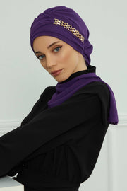 Stylish Instant Turban with Elegant Gold Chain Detail made from High Quality Chiffon Fabric, Breathable Headscarf Turban For Women,HT-28 Purple