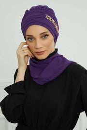 Stylish Instant Turban with Elegant Gold Chain Detail made from High Quality Chiffon Fabric, Breathable Headscarf Turban For Women,HT-28 Purple