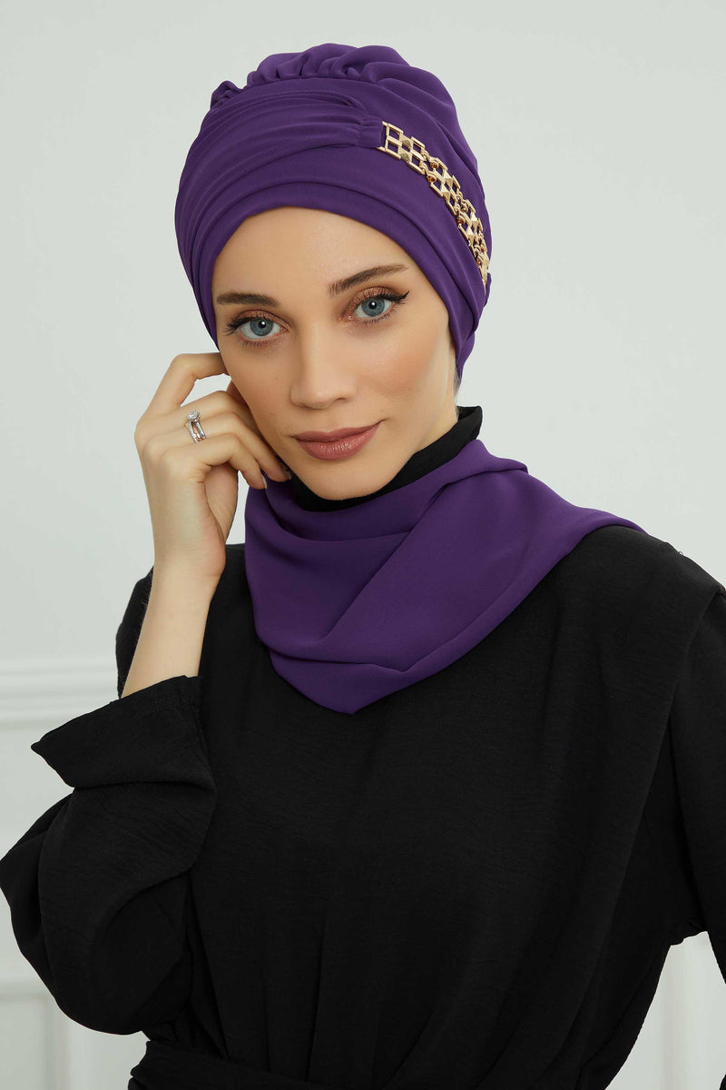 Stylish Instant Turban with Elegant Gold Chain Detail made from High Quality Chiffon Fabric, Breathable Headscarf Turban For Women,HT-28 Purple
