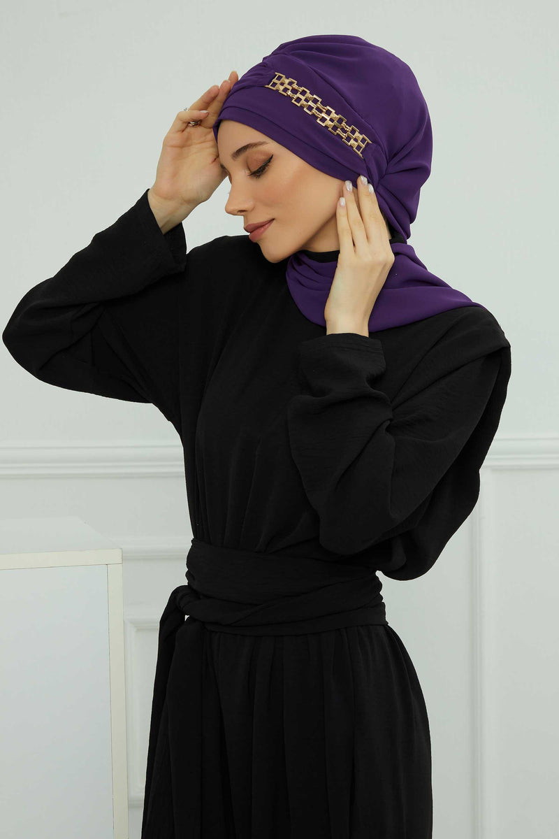 Stylish Instant Turban with Elegant Gold Chain Detail made from High Quality Chiffon Fabric, Breathable Headscarf Turban For Women,HT-28 Purple