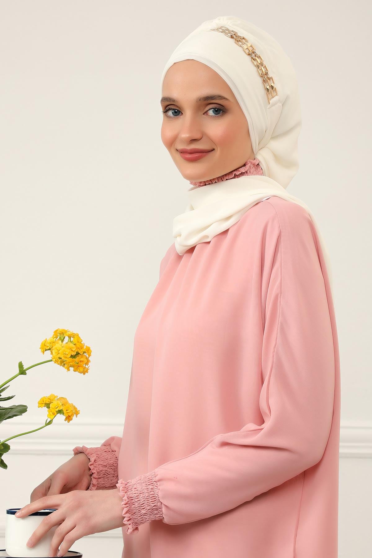 Stylish Instant Turban with Elegant Gold Chain Detail made from High Quality Chiffon Fabric, Breathable Headscarf Turban For Women,HT-28 Ivory