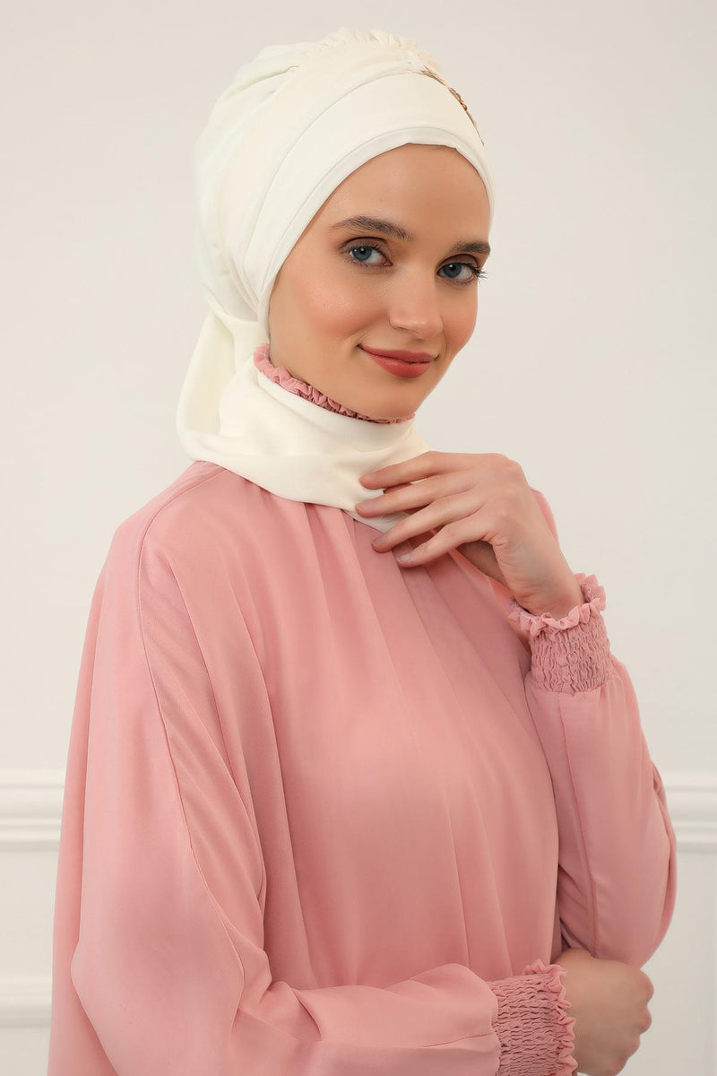 Stylish Instant Turban with Elegant Gold Chain Detail made from High Quality Chiffon Fabric, Breathable Headscarf Turban For Women,HT-28 Ivory