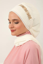 Stylish Instant Turban with Elegant Gold Chain Detail made from High Quality Chiffon Fabric, Breathable Headscarf Turban For Women,HT-28 Ivory