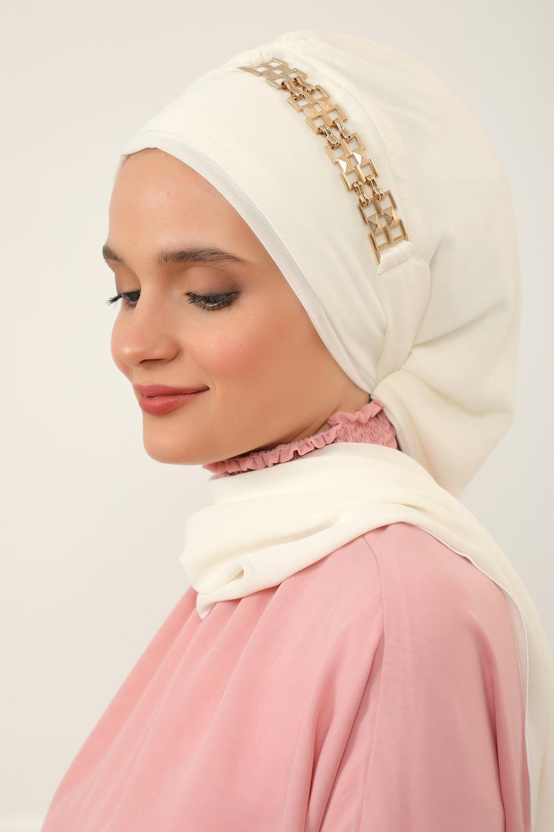 Stylish Instant Turban with Elegant Gold Chain Detail made from High Quality Chiffon Fabric, Breathable Headscarf Turban For Women,HT-28 Ivory