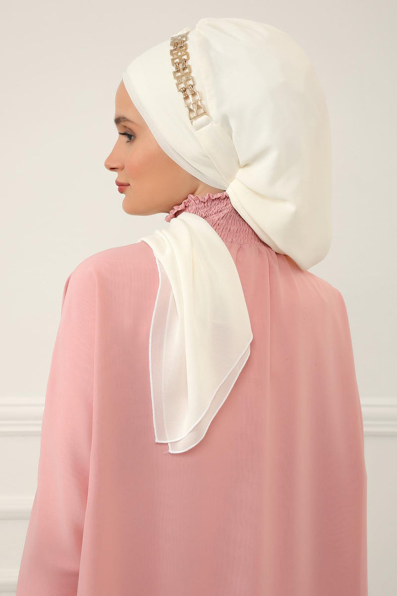 Stylish Instant Turban with Elegant Gold Chain Detail made from High Quality Chiffon Fabric, Breathable Headscarf Turban For Women,HT-28 Ivory